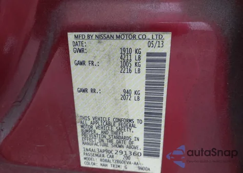 2013 Nissan Altima 2.5 Sv z USA, uszkodzony, nr VIN 1N4AL3AP9DC291360